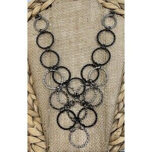 Modernist Hammered Circle Collar Torque Necklace Black Silver Tone Waterfall